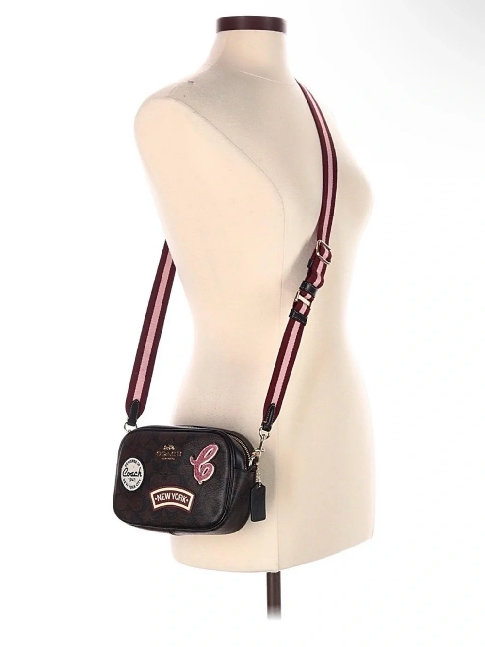 Coach Brown Leather Crossbody Camera Bag with Burgundy Stripe Strap NWOT